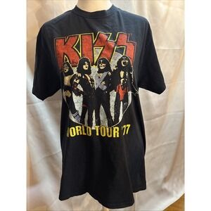 KISS Medium Black‎ Graphic T-shirt Rock Concert World Tour 1977 Retro Design